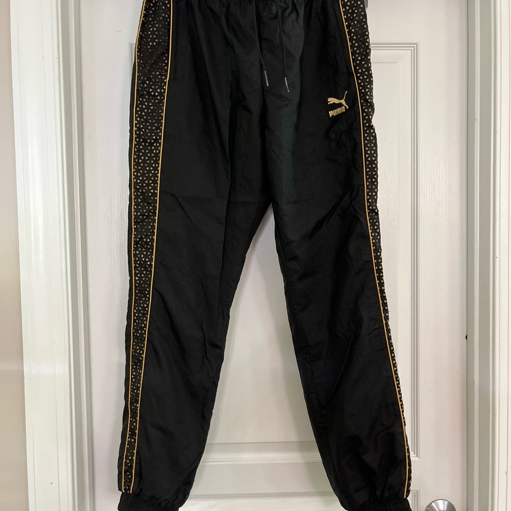 PUMA Women’s Black and Gold Track Pants- XL - runs very small